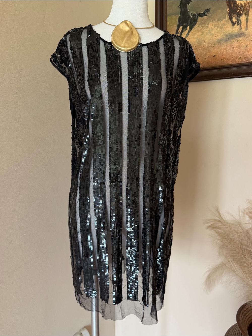 Black Sequin Striped Shift Blouse